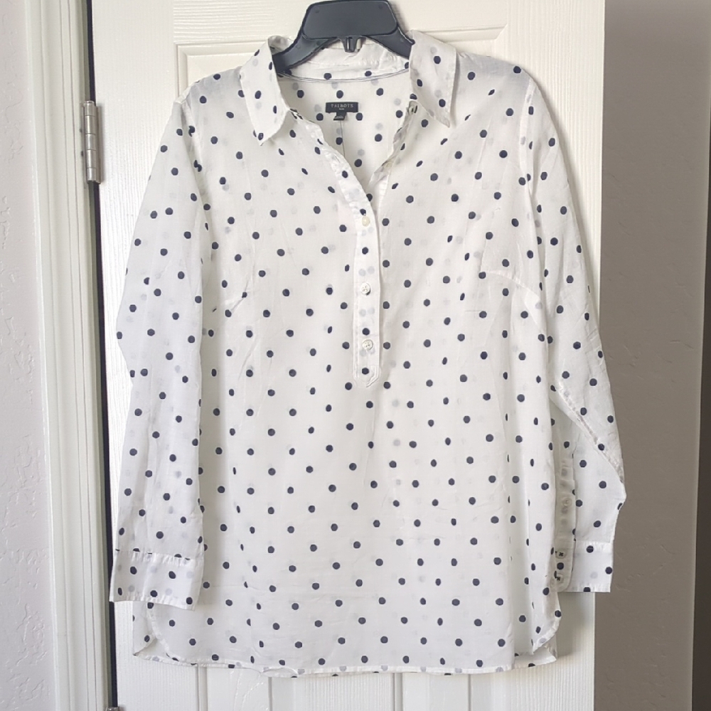 NWT Talbots Cotton White and Blue Button Tunic
